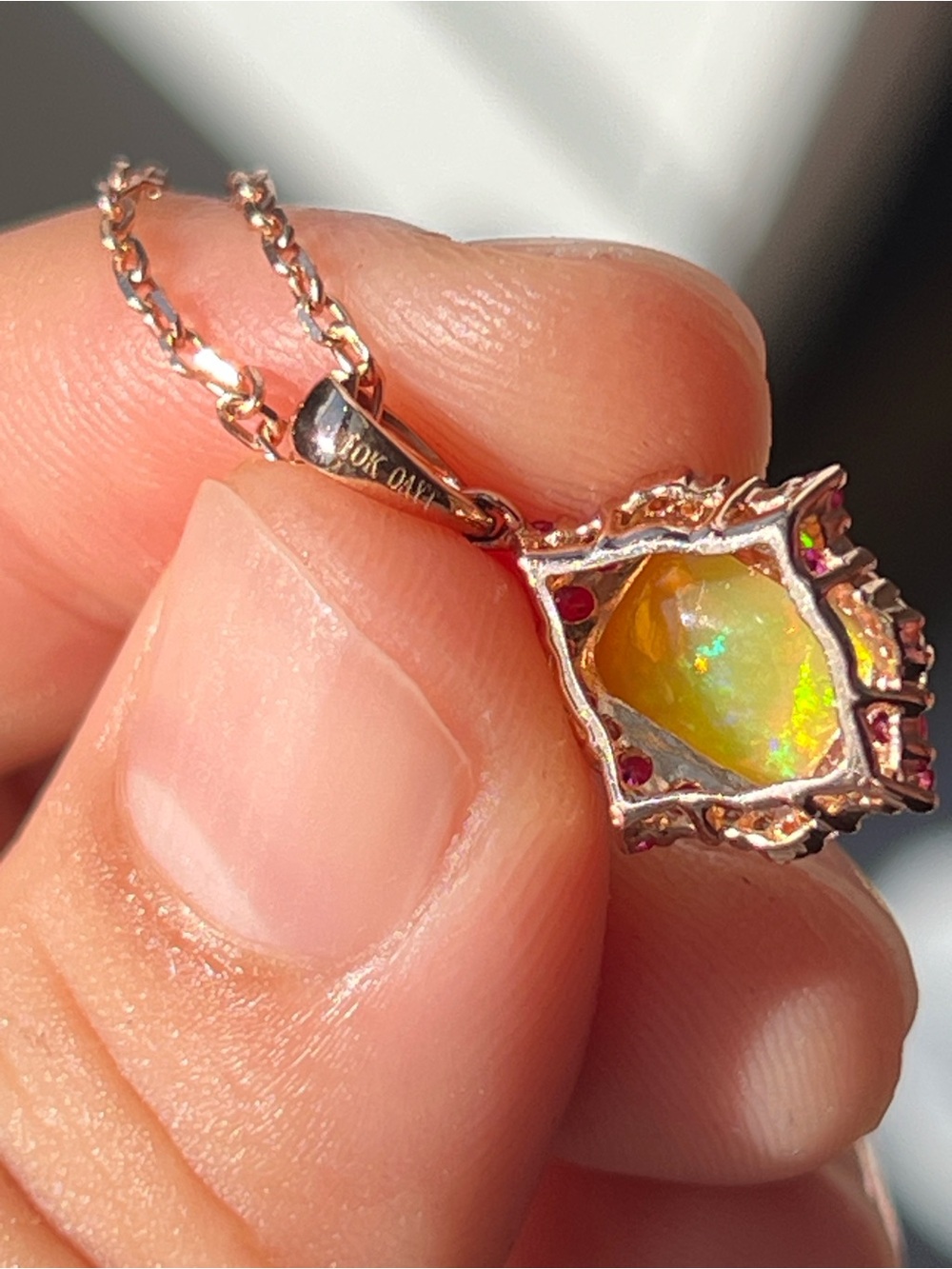 Rose Gold Opal Pendant Necklace with Rubies and Diamond’s in 10k - Picture 10 of 17